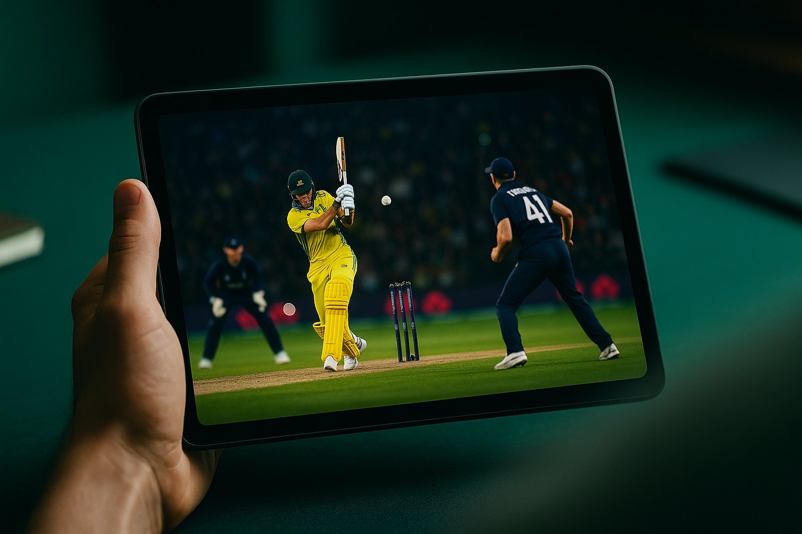 Cricket match (Australia vs England) playing on a tablet over a green trading background